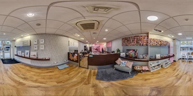Inside the salon: reception desk, retail shelving and the pink treatment area